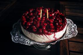 Cake, raspberry, candles