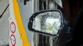 car wash, rear mirror, water drops