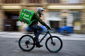 Bolt Food (food delivery platform) bike courier, Prague, biker