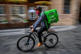 Bolt Food (food delivery platform) bike courier, Prague, biker