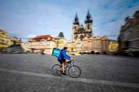 Wolt (food delivery platform) bike courier, Prague, biker