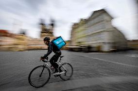 Wolt (food delivery platform) bike courier, Prague, biker
