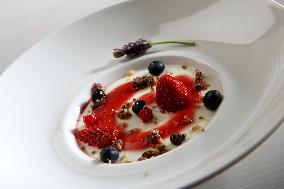 Vanilla Pudding with summer berries, strawberry, blueberry, dessert