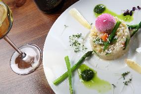 Italian risotto, asparagus, leek, vegetarian food, plate