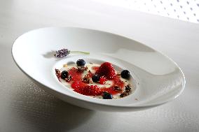Vanilla Pudding with summer berries, strawberry, blueberry, dessert