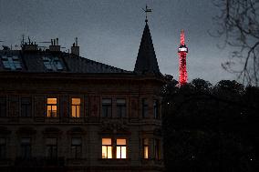 The Czech Petrin lookout tower, Austria flag