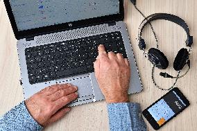 Home Office Business Desk, Table, computer, hands, notebook, headphone, smartphone