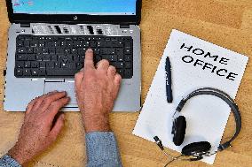 Home Office Business Desk, Table, computer, hands, notebook, headphone, pencil