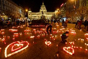 Light candles arranged as a heart, commemorating Vaclav Havel, Wenceslas Square Prague