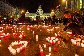 Light candles arranged as a heart, commemorating Vaclav Havel, Wenceslas Square Prague