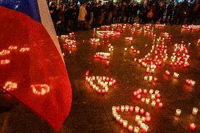 Light candles arranged as a heart, commemorating Vaclav Havel, Wenceslas Square Prague