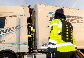 Police and customs officers are checking vehicles over illegal migration on the D8 motorway