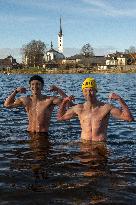 Winter swimmers, cold water, Dam Lipno near Frymburk