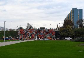 the reconstructed Red line Opatov metro station Emergency Exit, mural art Flora and Fauna