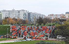 the reconstructed Red line Opatov metro station Emergency Exit, mural art Flora and Fauna