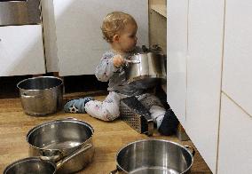 Boy, child, baby, kitchen, pot, pots, little cook