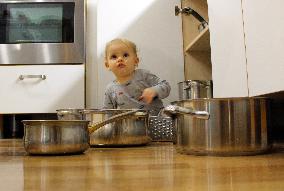 Boy, child, baby, kitchen, pot, pots, little cook