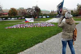 Covid-19, coronavirus memorial, Czech flags, park, Prague
