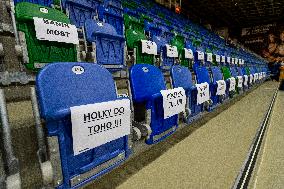 empty seats with messages from Banik Most fans