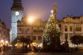 Lit Christmas tree,  Pernstynske square, Pardubice