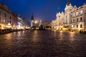 Lit Christmas tree,  Pernstynske square, Pardubice