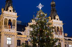 Lit Christmas tree,  Pernstynske square, Pardubice