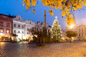 Lit Christmas tree,  Pernstynske square, Pardubice