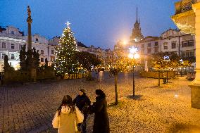 Lit Christmas tree,  Pernstynske square, Pardubice