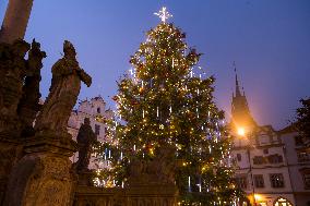 Lit Christmas tree,  Pernstynske square, Pardubice