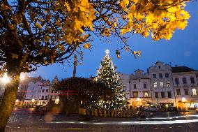 Lit Christmas tree,  Pernstynske square, Pardubice