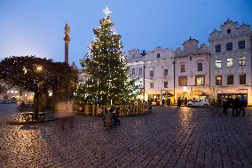 Lit Christmas tree,  Pernstynske square, Pardubice