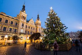 Lit Christmas tree,  Pernstynske square, Pardubice