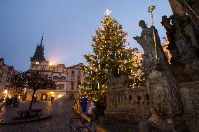 Lit Christmas tree,  Pernstynske square, Pardubice