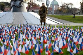 a symbolic place of reverence for the victims of the covid-19 disease, Czech flags flag