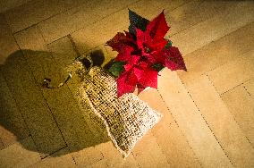 Christmas decorations on wooden parquet floor, Christmas