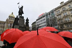 March with red umbrellas, Wenceslas Square