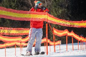 Skiareal Spicak, Czech Republic, Sumava, Bohemian Forest, skiers, queue