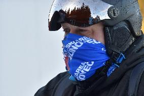 Skiareal Klinovec, Ore Mountains, Czech Republic, skiers, face mask, chairlift
