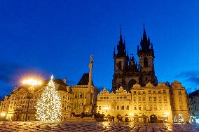 empty Old Town Square in Prague, sunrise
