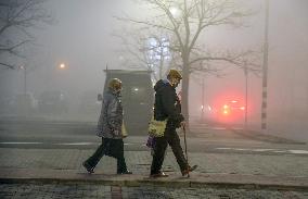 People, fog, smog, park place, shopping centre, senior, seniors, Karvina, consumer, car