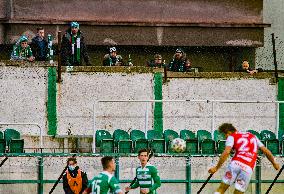Bohemians fans with a ladder behind the fence