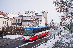Pruhonice, Paloma Hotel Restaurant, Kvetnove Square, patisserie, winter, snow, public transport bus