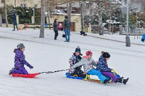 Winter fun in Prague, children, snow