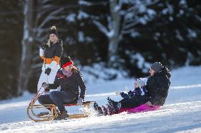 People, children, sun weather, snow, mountain, ski-areal Kobyla, Zadov
