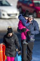 People, children, sun weather, snow, mountain, ski-areal Kobyla, Zadov