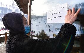 Sign ski areal closed, people, children, sun weather, snow, mountain, ski-areal Sacberk, Zborna