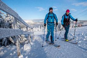 People, skialpinist, skier, sun weather, snow, mountain, ski-areal Svaty Petr, Spindleruv Mlyn