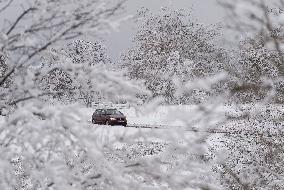 snow, road, car, weather, winter