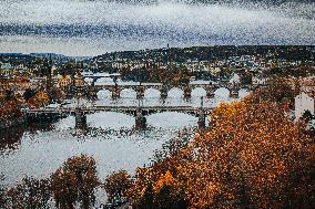 Prague, autumn, Vltava river, Manes Bridge, Charles Bridge