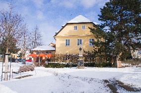 the Pruhonice Town Hall, Kvetnove Square, winter, snow